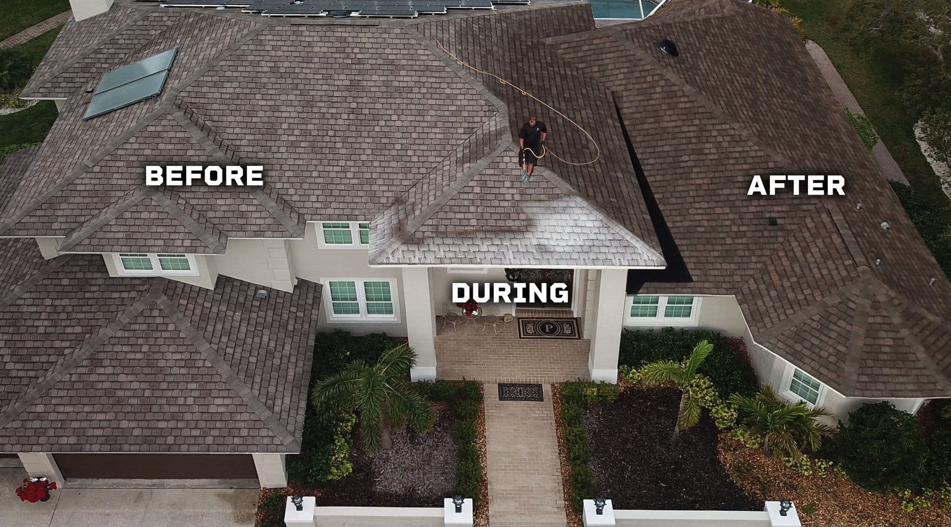 Before, during, and after asphalt shingle roof restoration by Shingle Hero