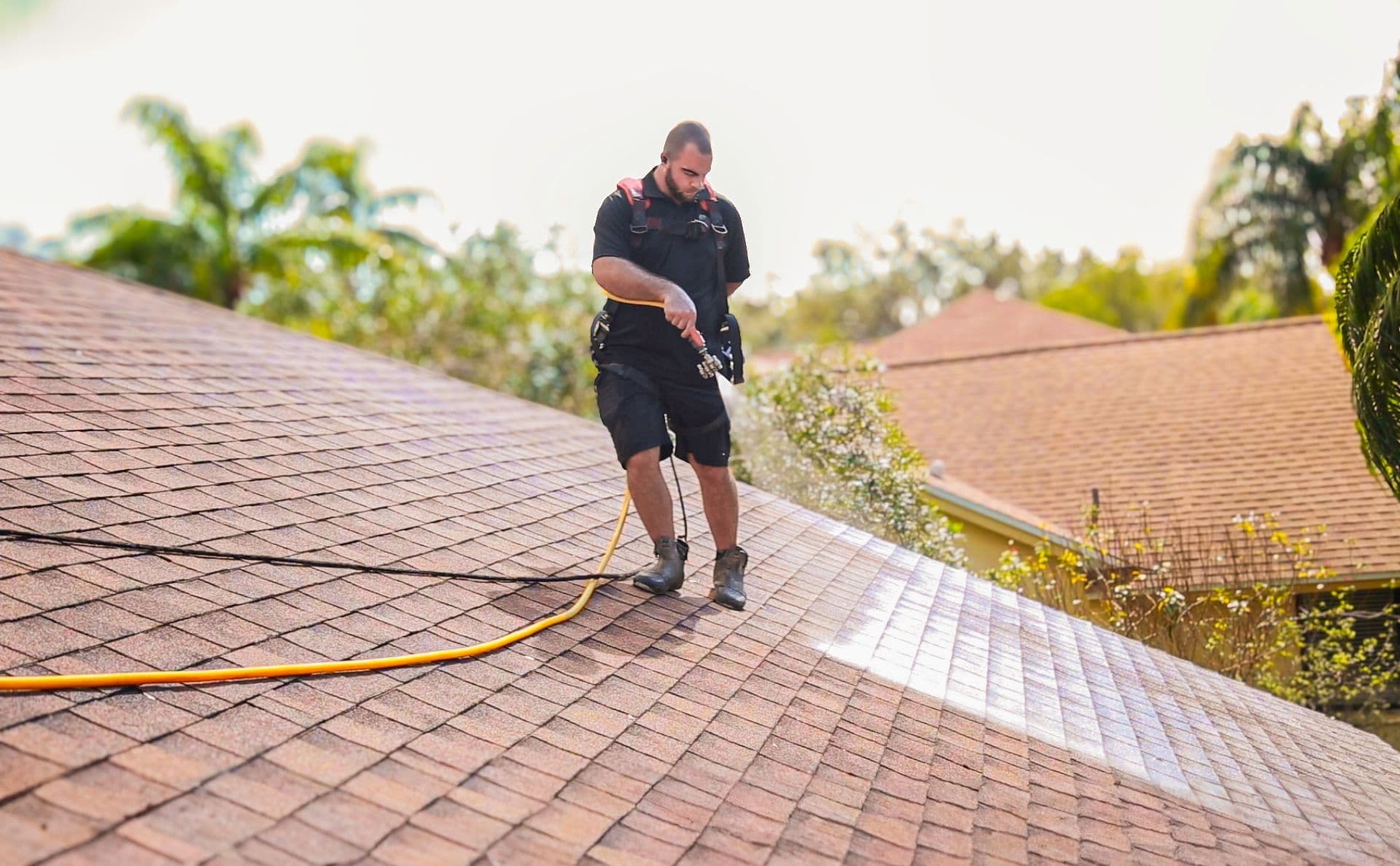 Shingle Hero crew applying the plant-based rejuvenation formula on an asphalt shingle roof